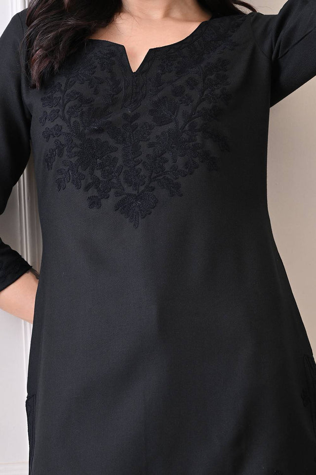Black Embroidered Cotton Blend Short Kurti