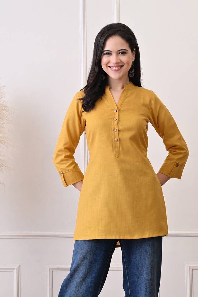 Mustard Solid Cotton Blend Short Kurti