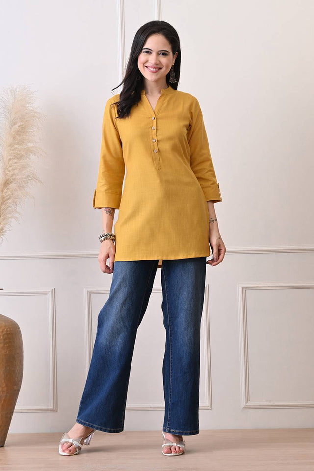 Mustard Solid Cotton Blend Short Kurti