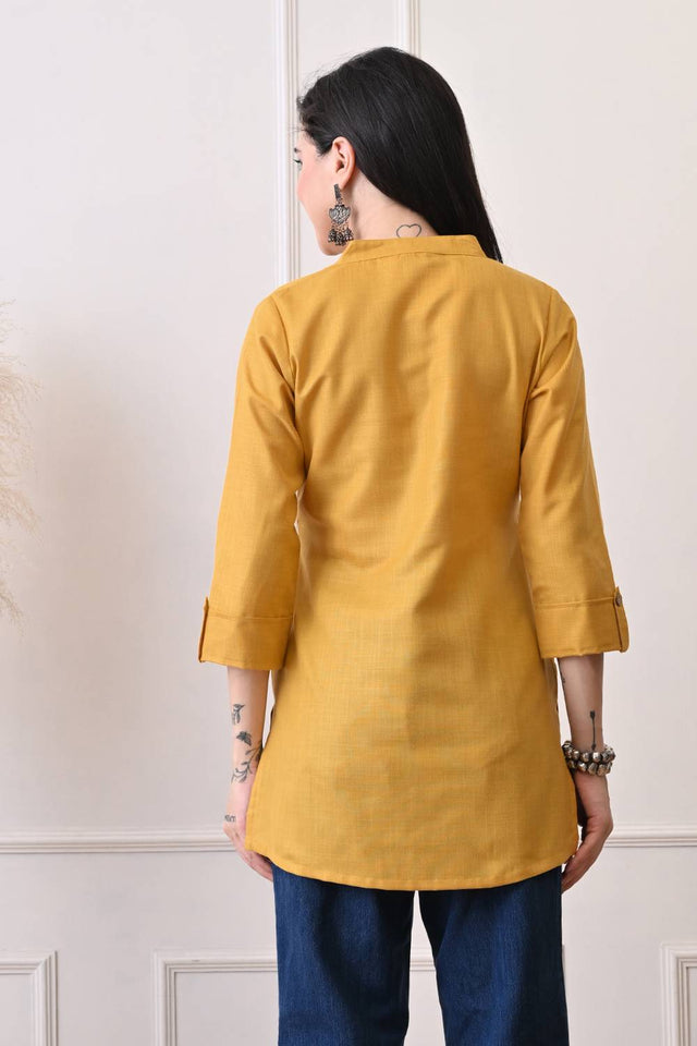 Mustard Solid Cotton Blend Short Kurti