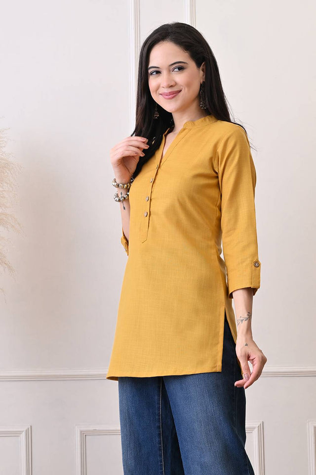Mustard Solid Cotton Blend Short Kurti