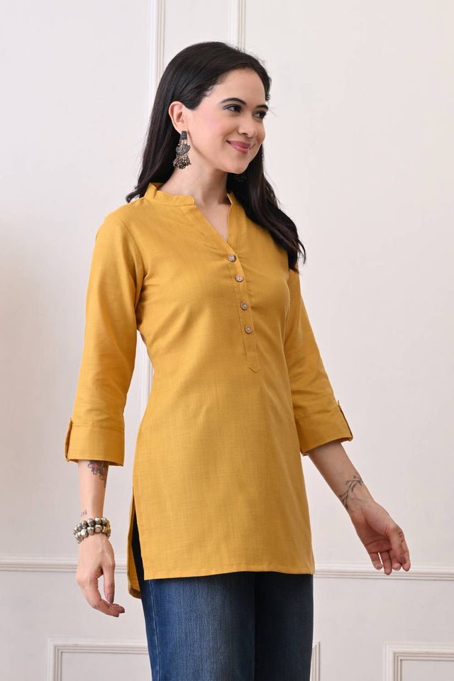 Mustard Solid Cotton Blend Short Kurti