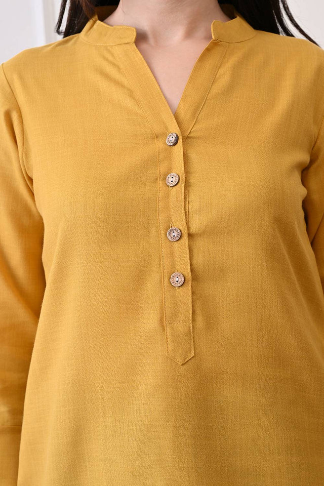 Mustard Solid Cotton Blend Short Kurti