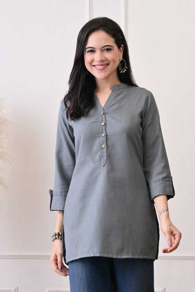 Grey Solid Cotton Blend Short Kurti