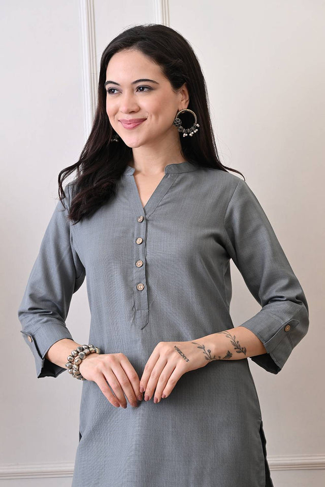 Grey Solid Cotton Blend Short Kurti