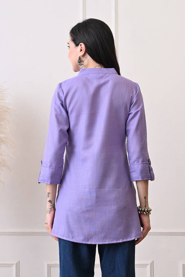Lavender Solid Cotton Blend Short Kurti