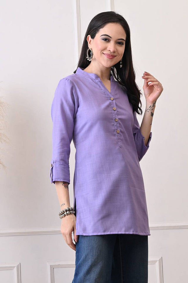 Lavender Solid Cotton Blend Short Kurti