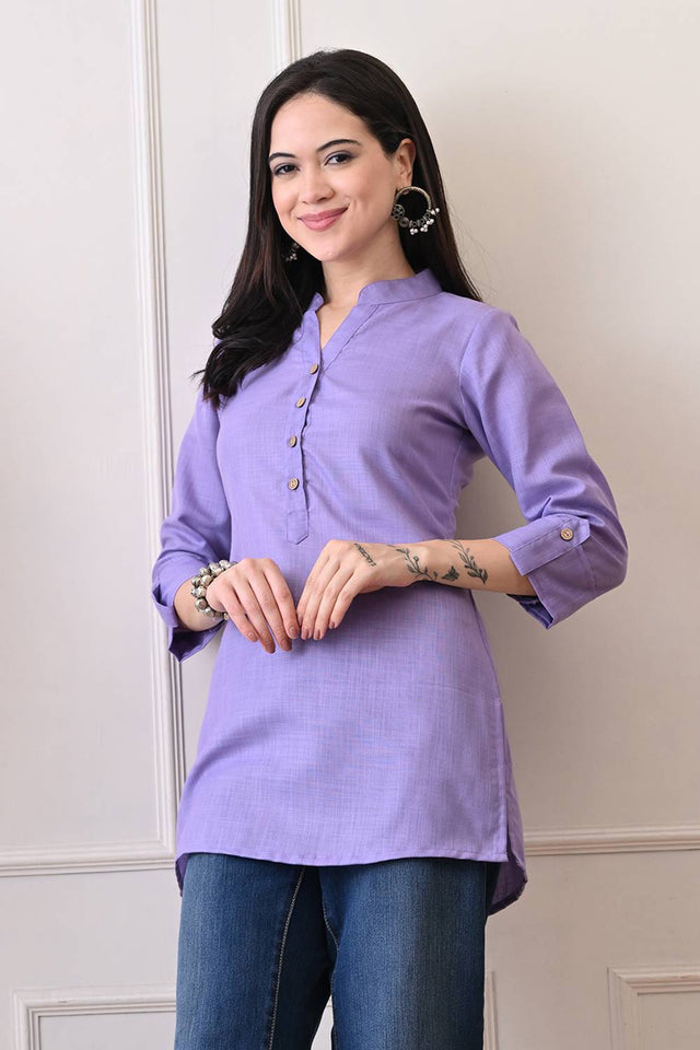 Lavender Solid Cotton Blend Short Kurti