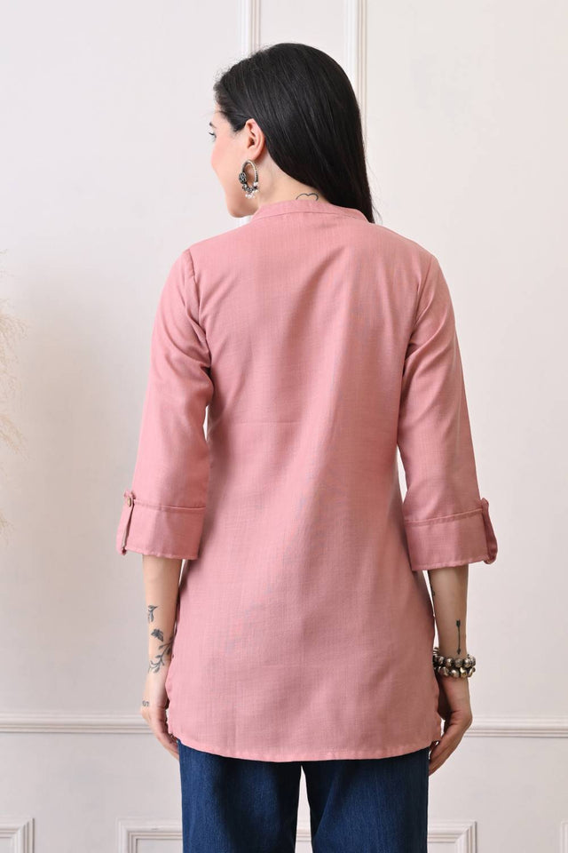 Peach Solid Cotton Blend Short Kurti