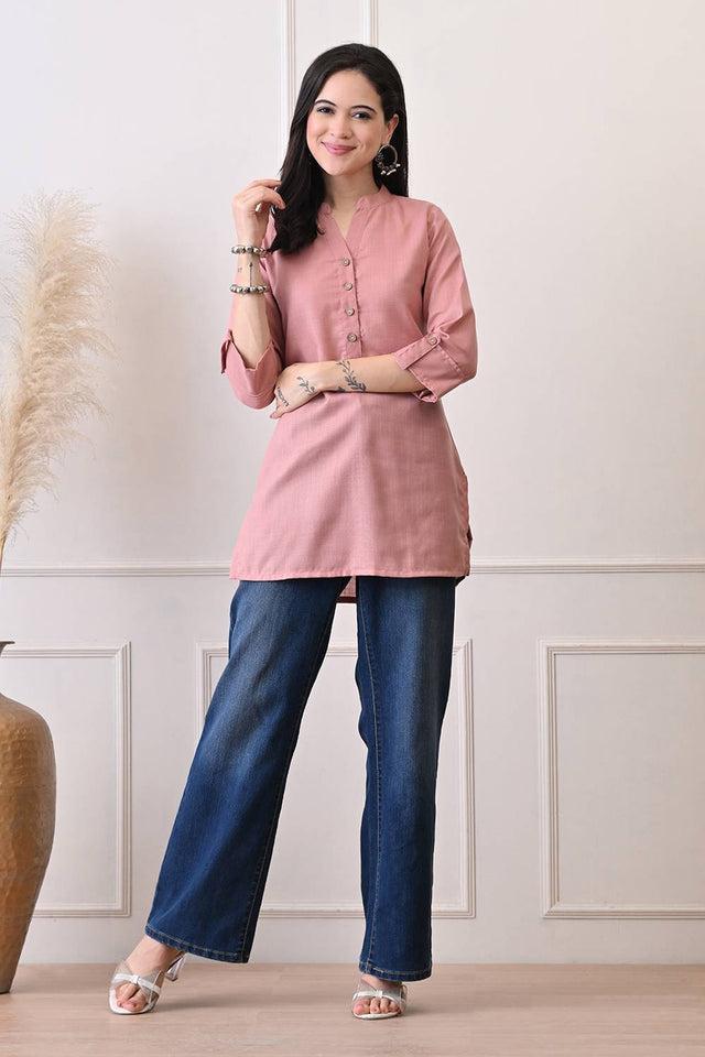 Peach Solid Cotton Blend Short Kurti