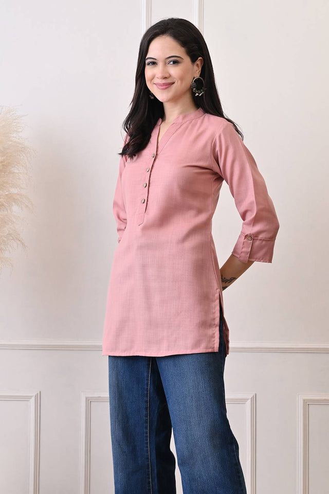 Peach Solid Cotton Blend Short Kurti