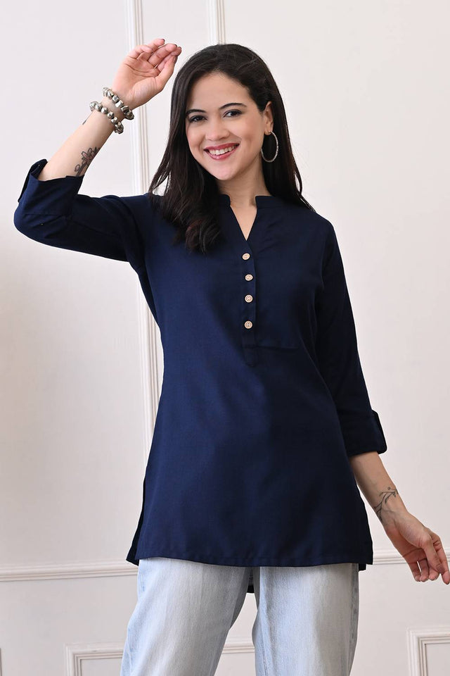 Blue Solid Cotton Blend Short Kurti