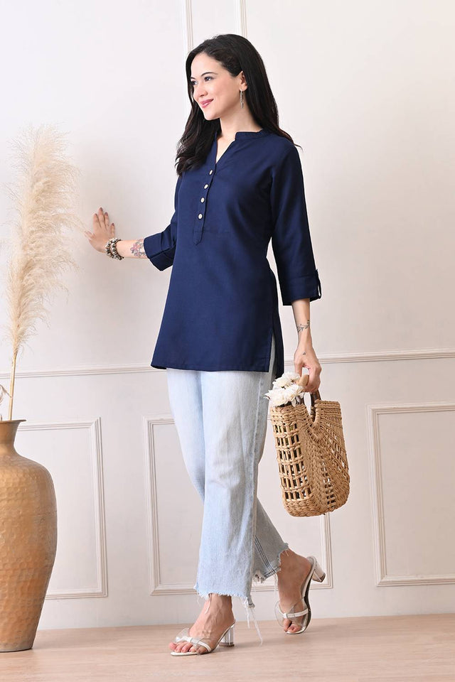 Blue Solid Cotton Blend Short Kurti