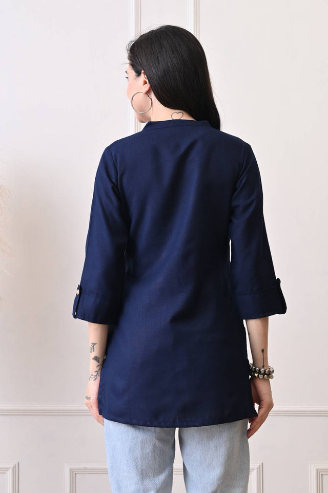 Blue Solid Cotton Blend Short Kurti