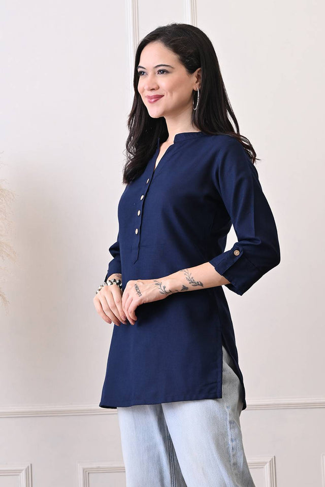Blue Solid Cotton Blend Short Kurti
