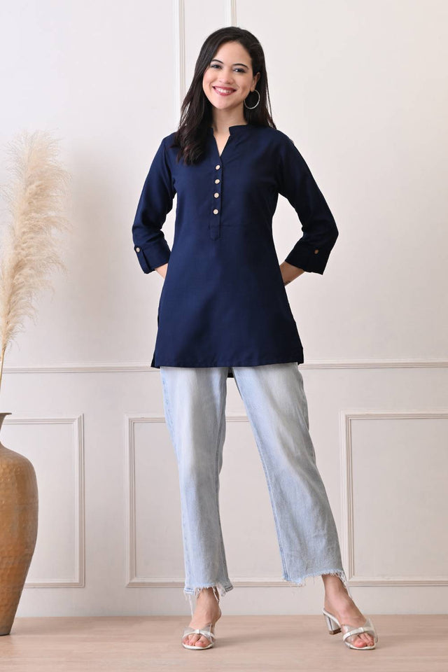 Blue Solid Cotton Blend Short Kurti