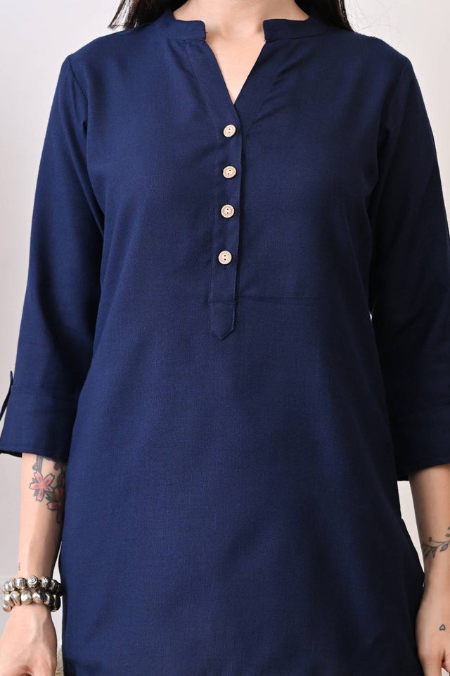Blue Solid Cotton Blend Short Kurti