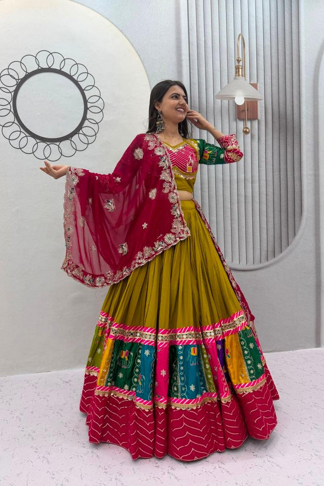 Olive Green Sequin with Embroidered Cotton Lehenga (TP-328_Olive)