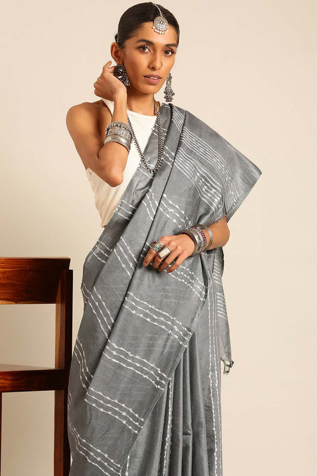 Grey Silk Blend Woven Saree (TRMEEF4E2073)