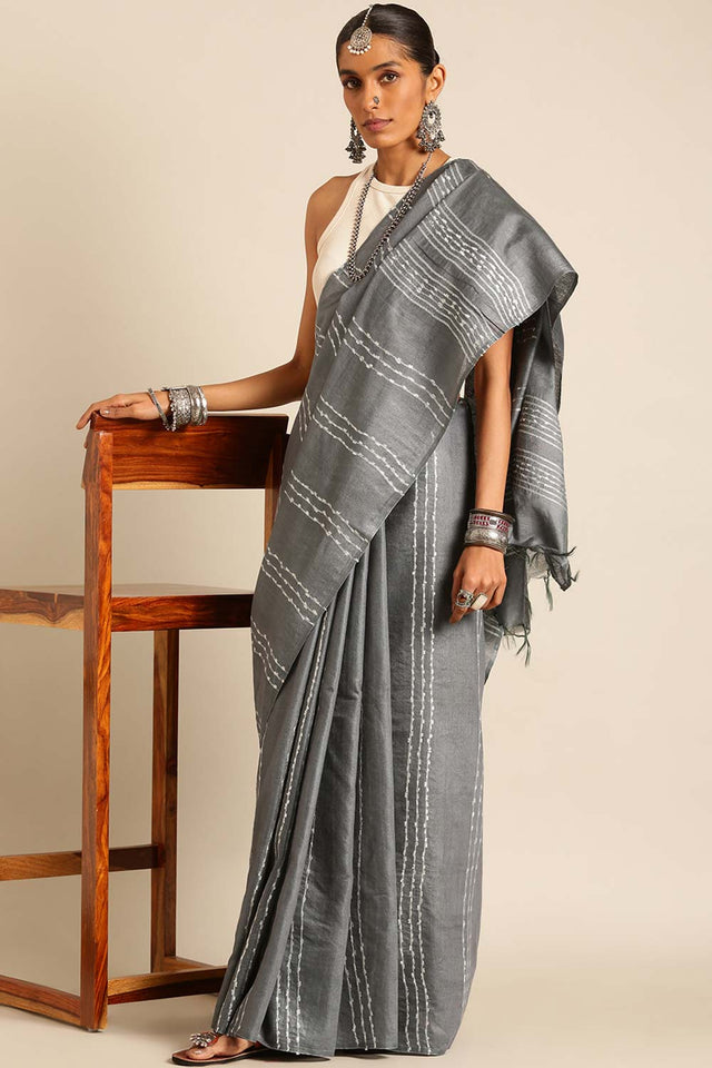 Grey Silk Blend Woven Saree (TRMEEF4E2073)