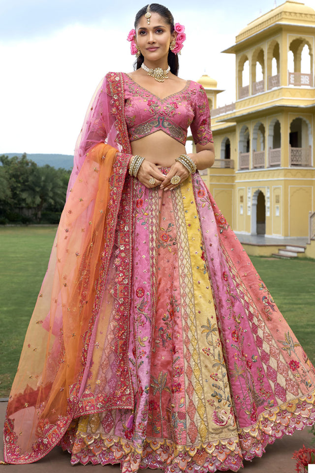 Light Pink Floral Embroidered Silk Lehenga