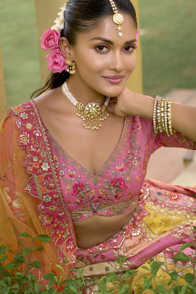 Light Pink Floral Embroidered Silk Lehenga