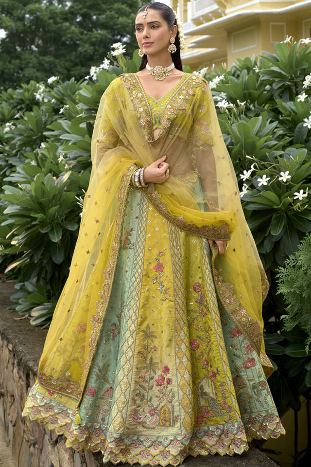 Yellow Floral Embroidered Silk Lehenga