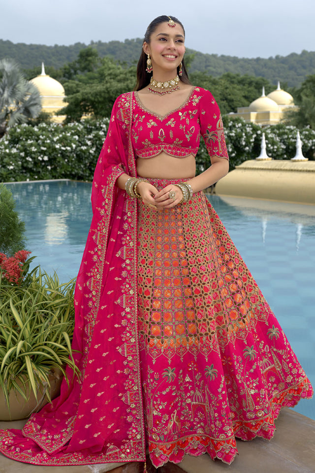 Pink Floral Embroidered Silk Lehenga