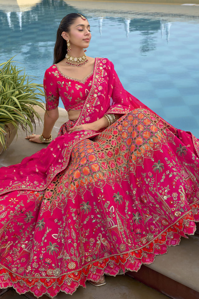 Pink Floral Embroidered Silk Lehenga