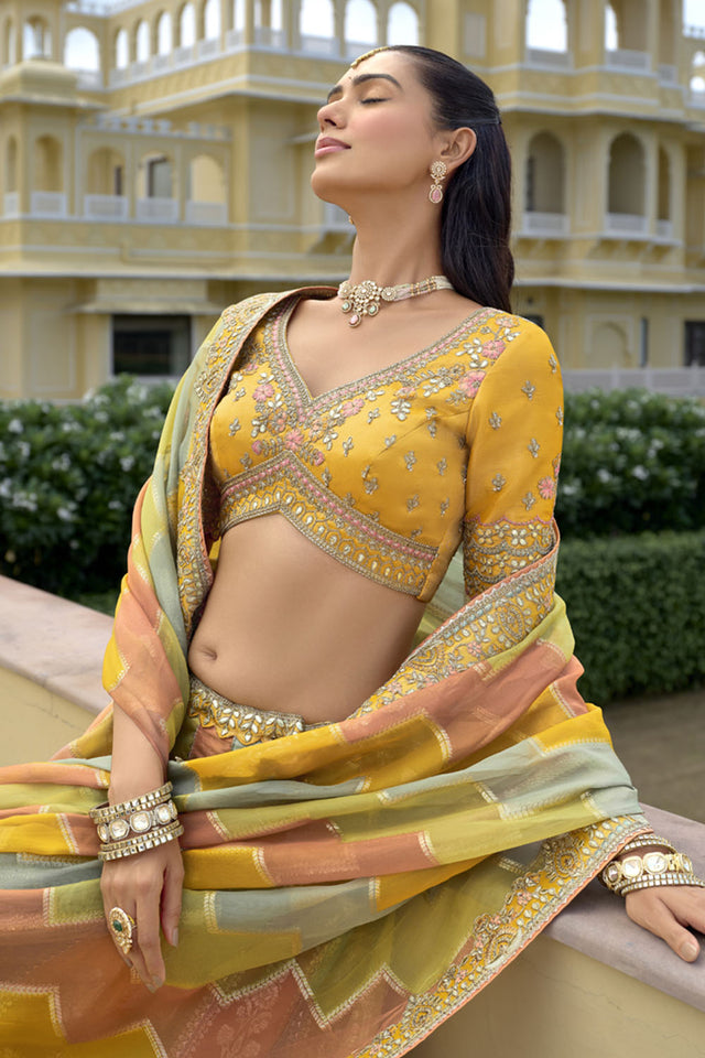 Multi Color Floral Embroidered Silk Lehenga