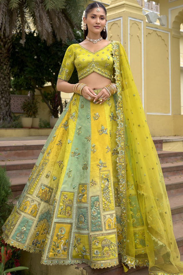 Yellow Floral Embroidered Silk Lehenga