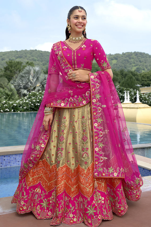 Golden Floral Embroidered Silk Lehenga
