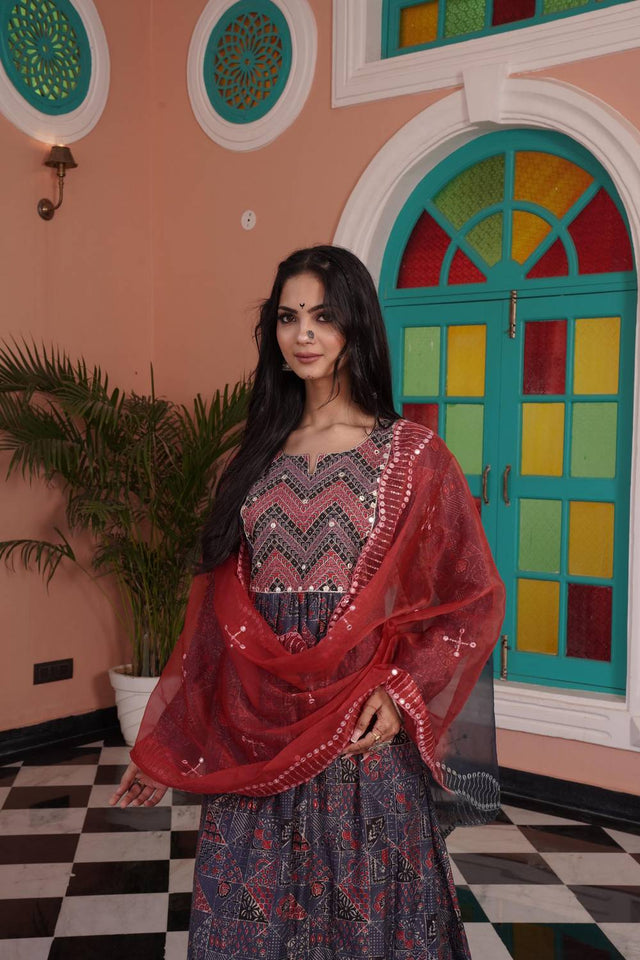 Red Ajrakh Printed Cotton Anarkali Suit Set