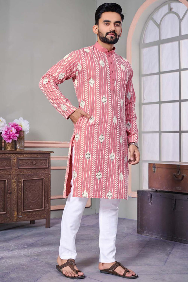 Pink Embroidered Linen Men's Kurta Set