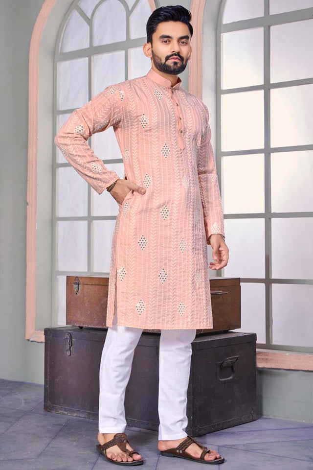 Orange Embroidered Linen Men's Kurta Set