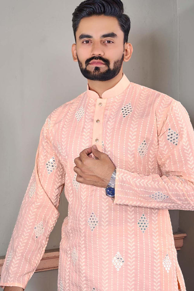 Orange Embroidered Linen Men's Kurta Set