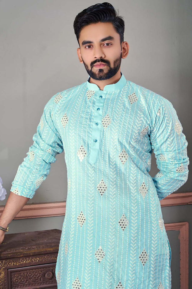 Blue Embroidered Linen Men's Kurta Set