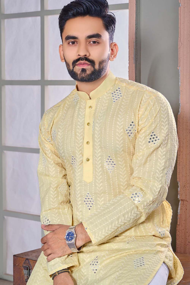 Yellow Embroidered Linen Men's Kurta Set