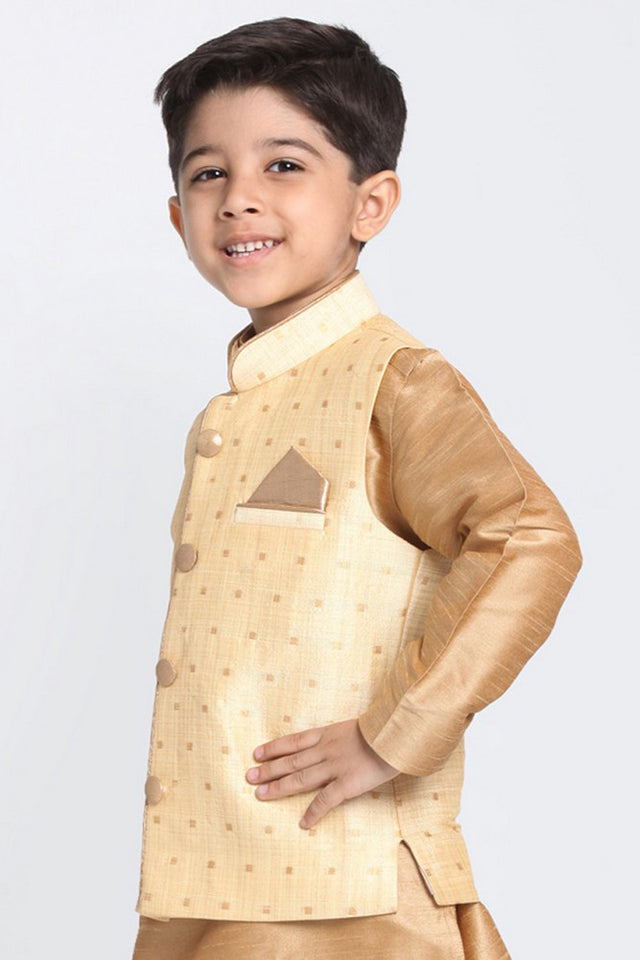 Boy's Cotton Art Silk Nehru Jacket in Gold - 6-7 Years