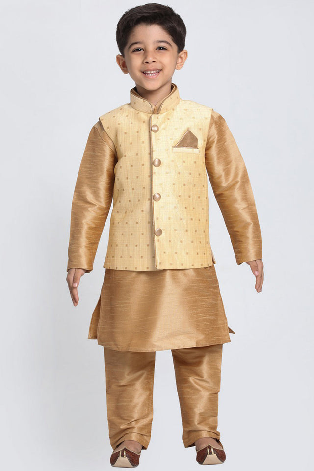 Boy's Cotton Art Silk Nehru Jacket in Gold - 6-7 Years