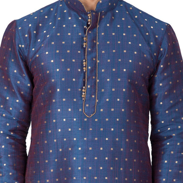 Men's Cotton Art Silk Woven Kurta and Pyjama Set in Blue - 40 / Blue