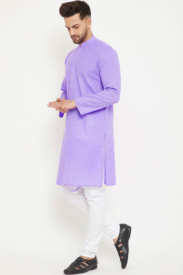 Men's blended Cotton Solid Kurta Set in Purple - 42