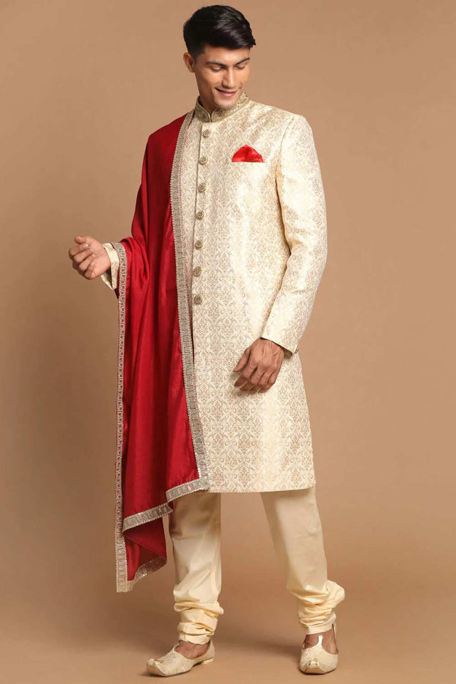 Men's Beige And Gold Silk Blend Embroidered Brocade Sherwani Set With Maroon Dupatta - 42