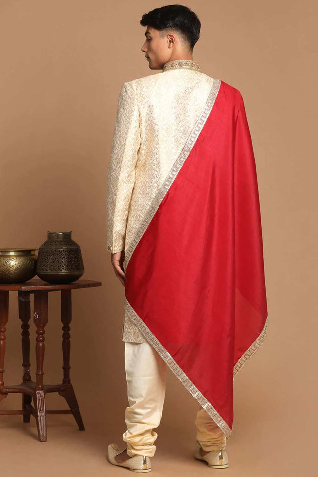 Men's Beige And Gold Silk Blend Embroidered Brocade Sherwani Set With Maroon Dupatta - 42