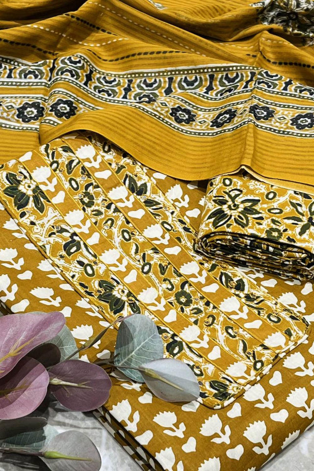 Mustard Printed Cotton Kurti Pant Set (VCDM0296-MSTD)