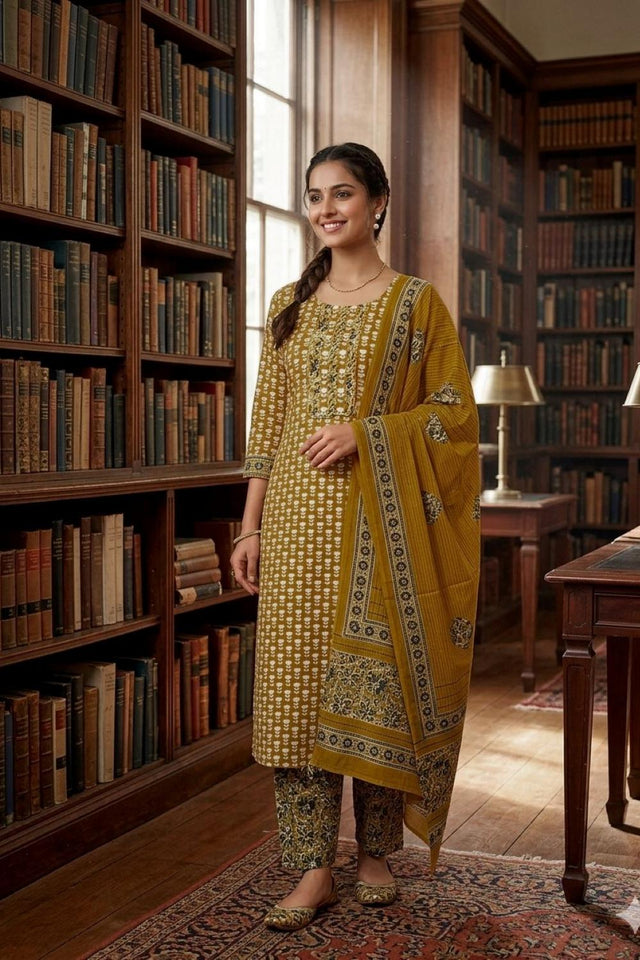 Mustard Printed Cotton Kurti Pant Set (VCDM0296-MSTD)