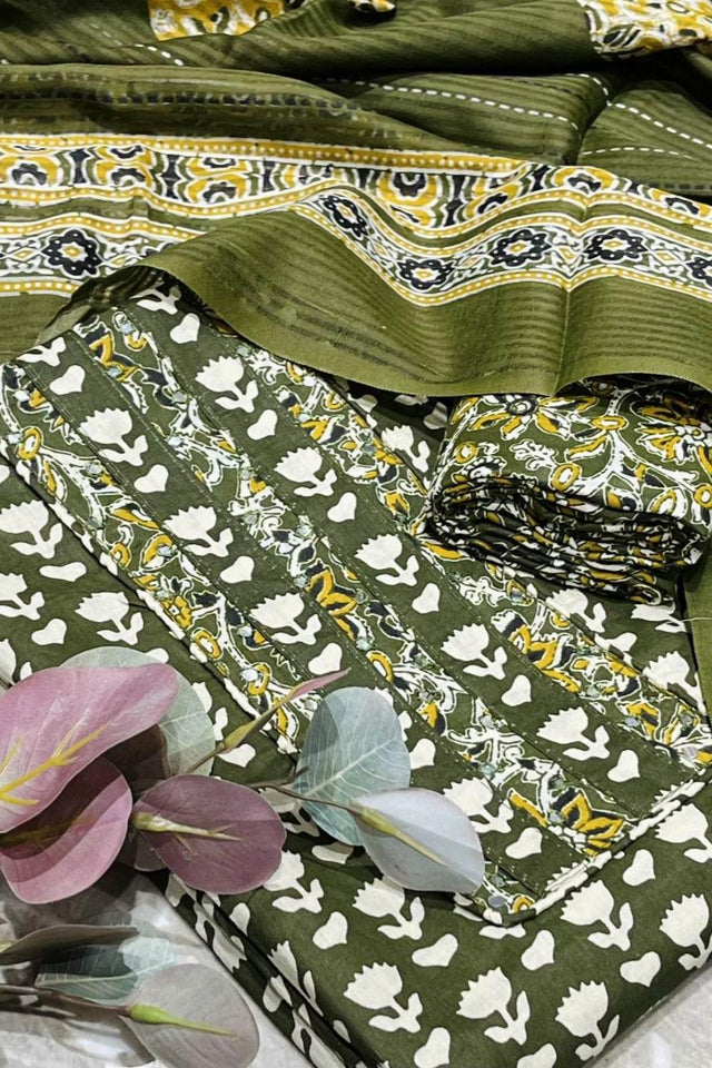 Olive Green Printed Cotton Kurti Pant Set (VCDM0298-OLIV)