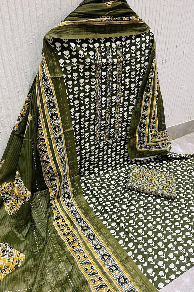 Olive Green Printed Cotton Kurti Pant Set (VCDM0298-OLIV)