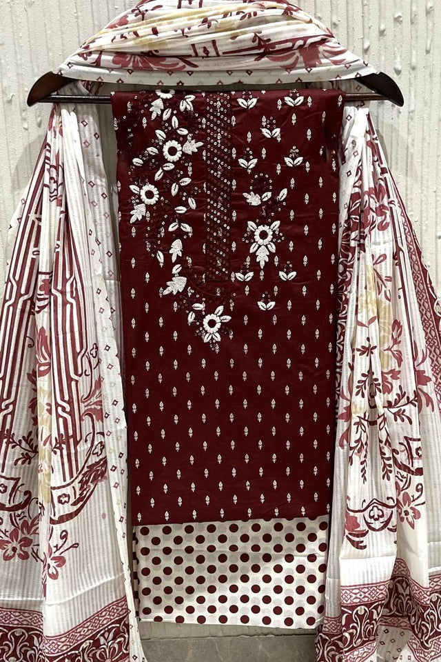 Maroon Printed Cotton Kurti Pant Set (VCDM0301-MRON)