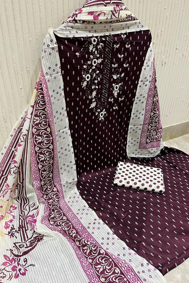 Wine Printed Cotton Kurti Pant Set (VCDM0302-WINE)